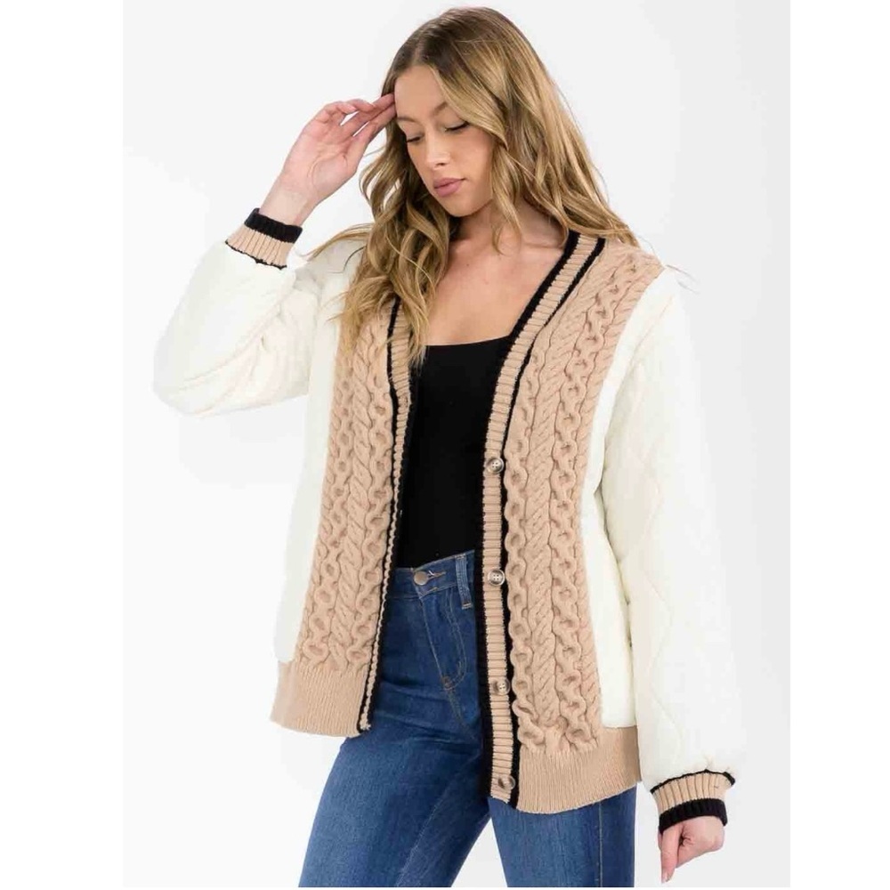 POLAGRAM Women's Braided Harmony Button Quilted Cardigan Bomber Jacket Beige Tan